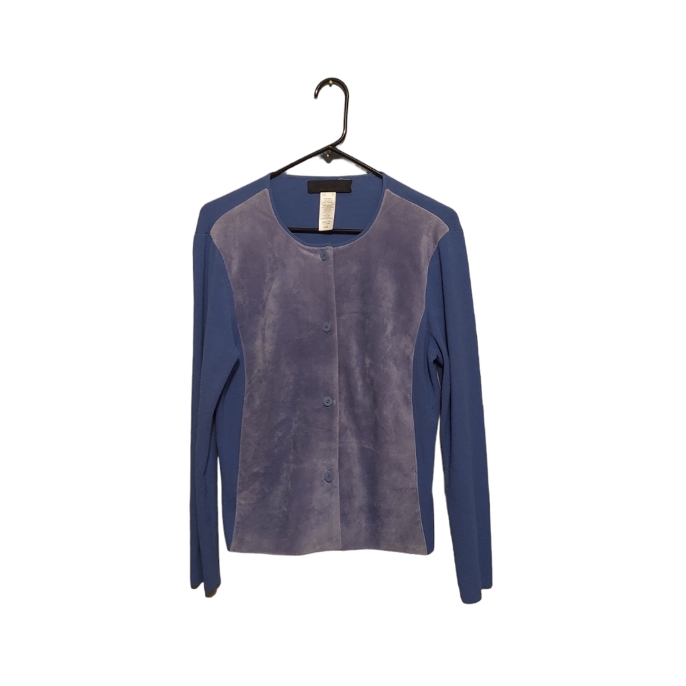 Y2K Old Money Knit Blazer Medium Suede Leather Blue Office Career Quiet Luxury